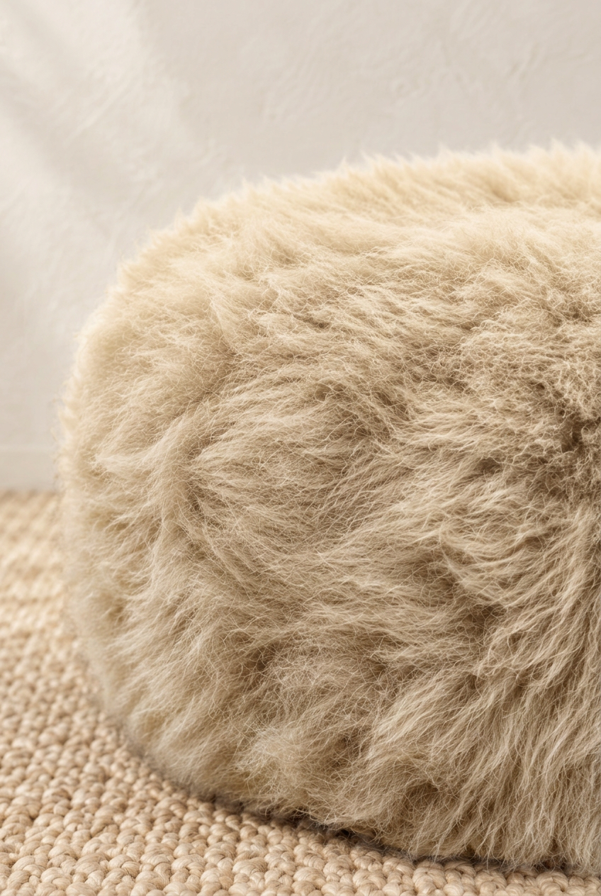 Close-up of linen-coloured sheepskin pouffe on a jute rug against a cream plaster wall