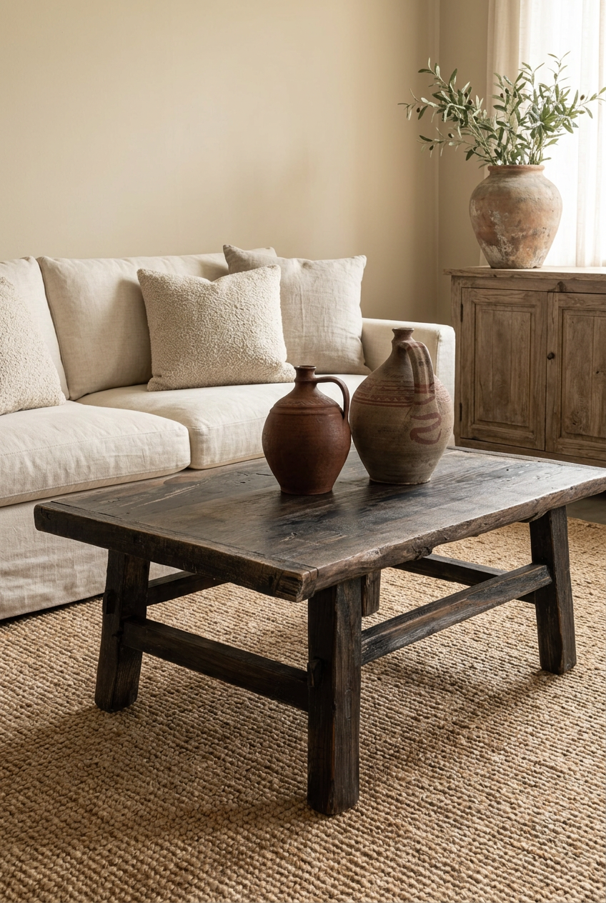 Vintage elm coffee table with terracotta pots in a warm neutral Society House living room