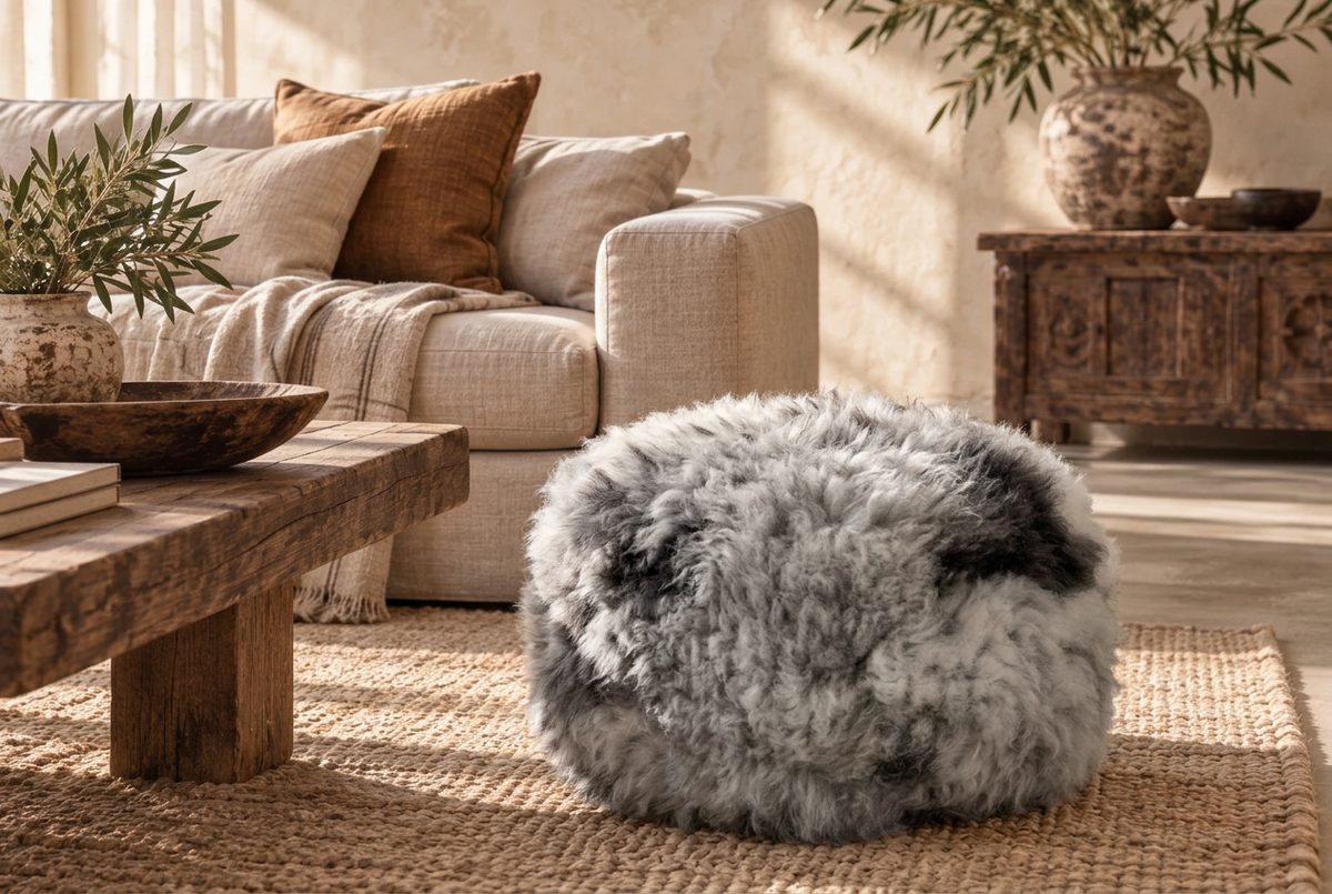 Grey, white and charcoal Rare Breed sheepskin pouffe in a neutral living room