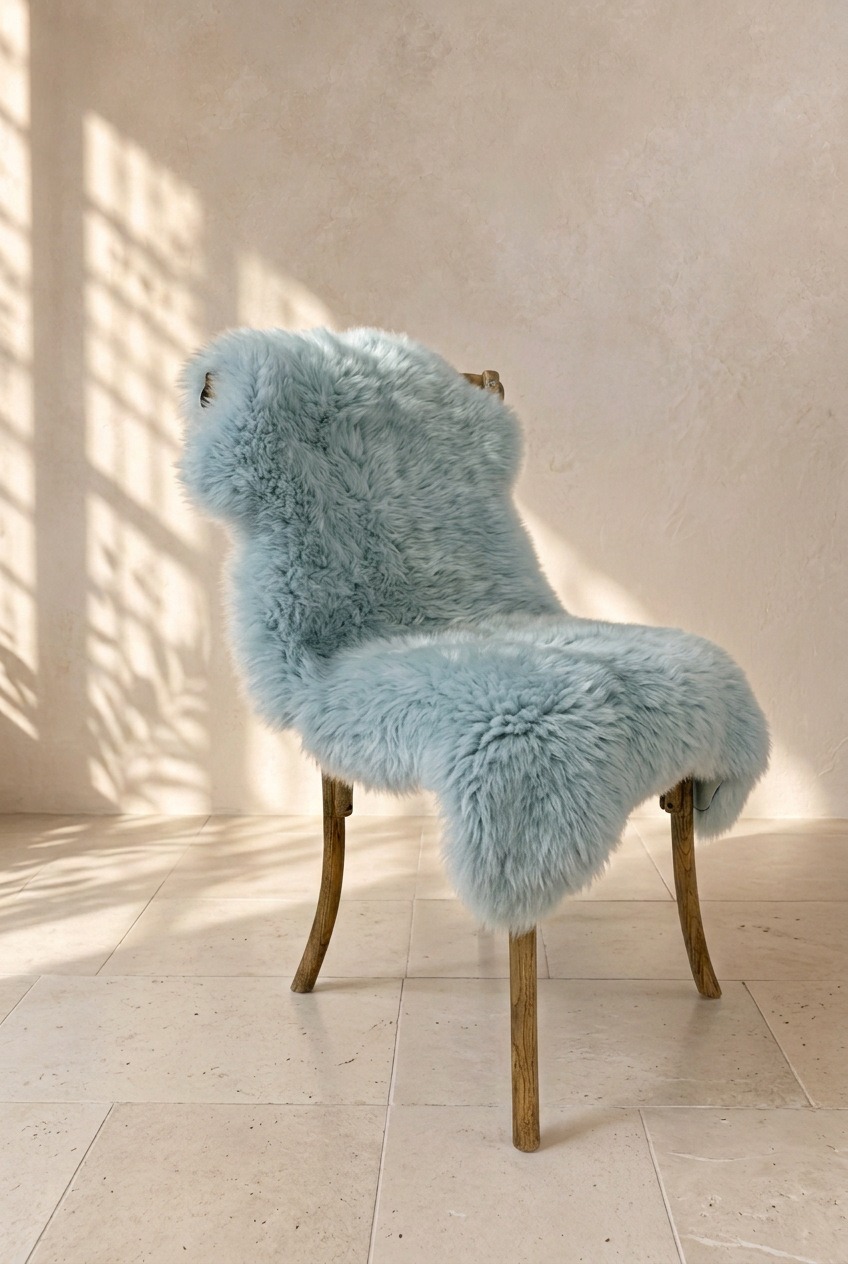 Duck Egg sheepskin draped over a wooden chair in a warm neutral interior