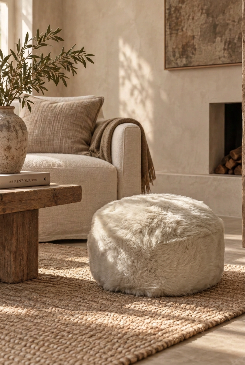 Linen sheepskin pouffe with its natural softly irregular shape in the Rare Breed room setting