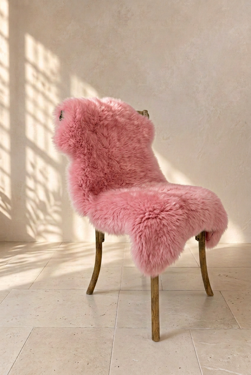Pink sheepskin draped over a chair