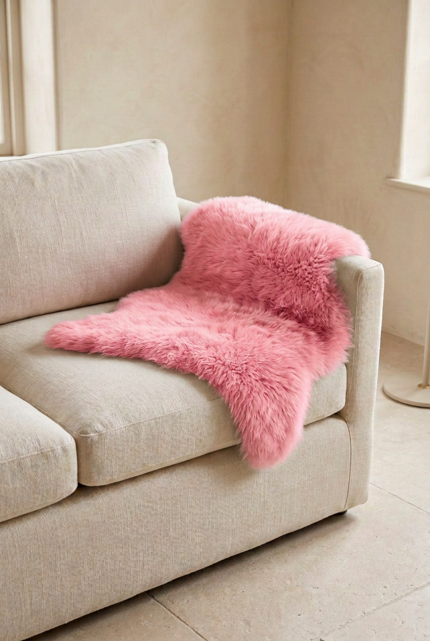 Pink sheepskin draped over a sofa arm