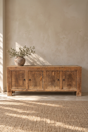 Portrait version of the wooden sideboard, composed for a final 3:4 crop