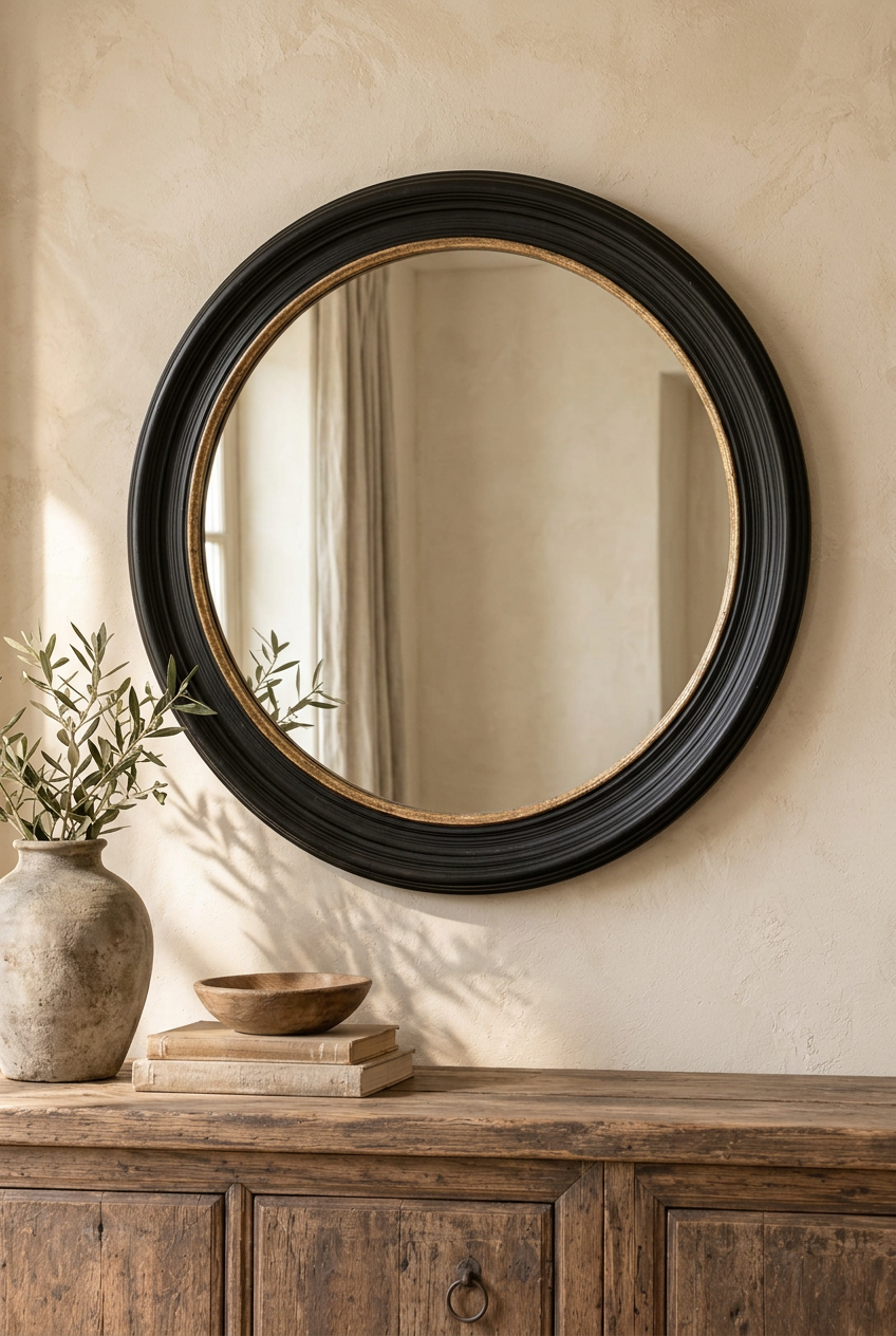 Round black-and-gold mirror hung on the wall in a Society House-style interior