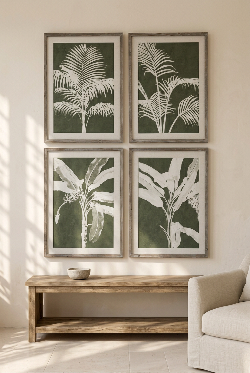 Set of four botanical prints on a wall in Society House style