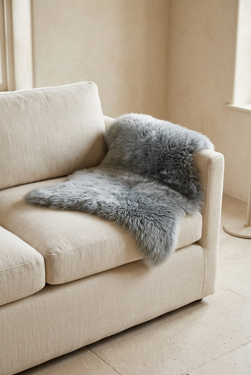 Single ash-grey sheepskin styled on an ivory linen sofa