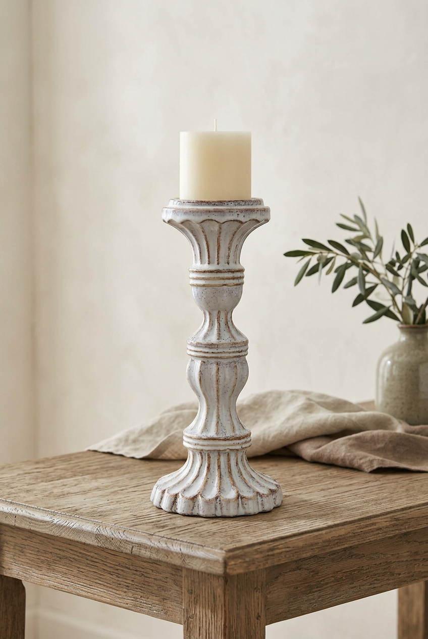 Society House lifestyle image featuring the aged white ceramic candle holder