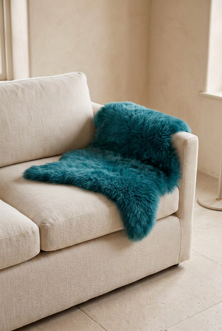 Spruce blue sheepskin over a sofa arm