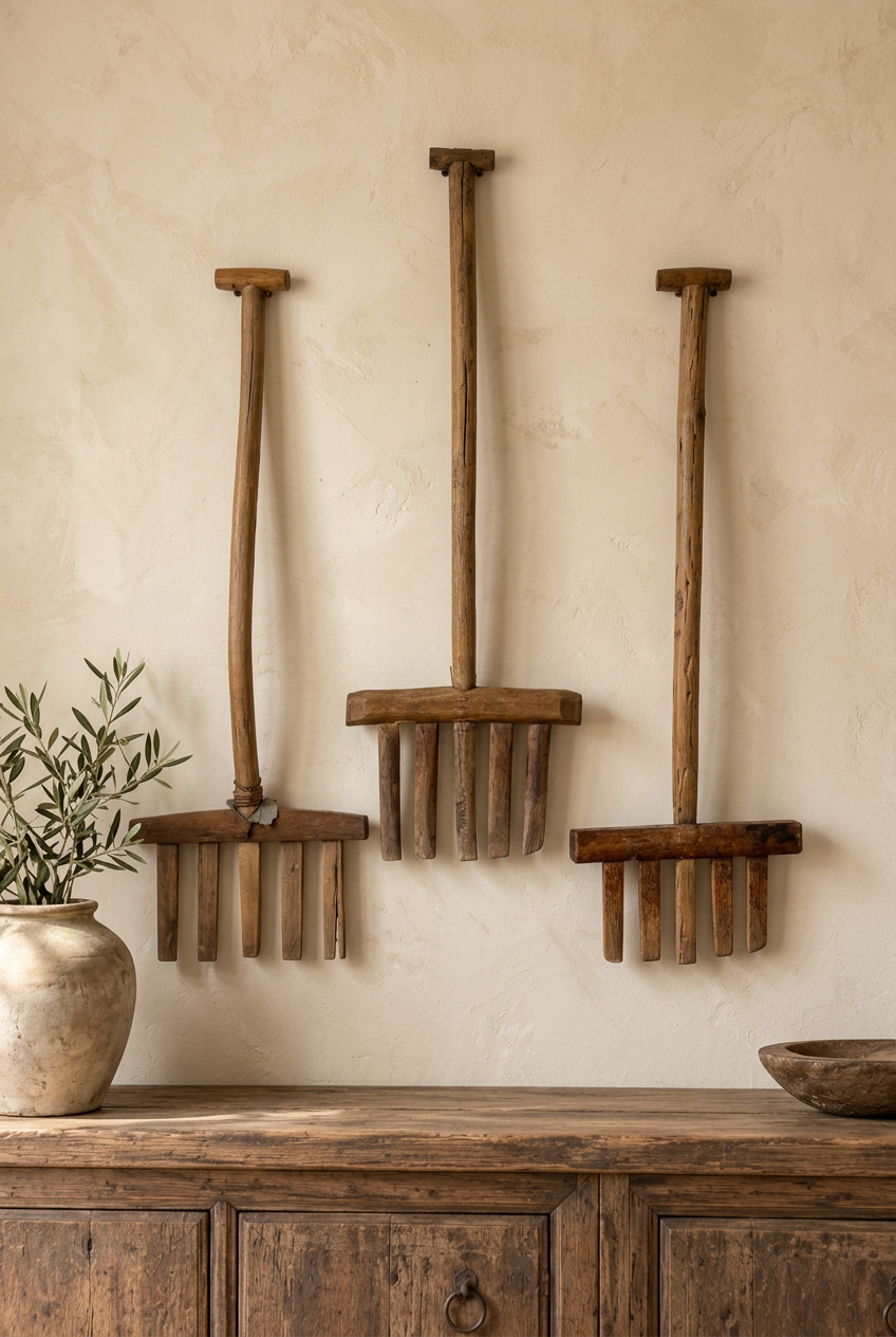 Three primitive wooden forks hung together in a Society House-style interior