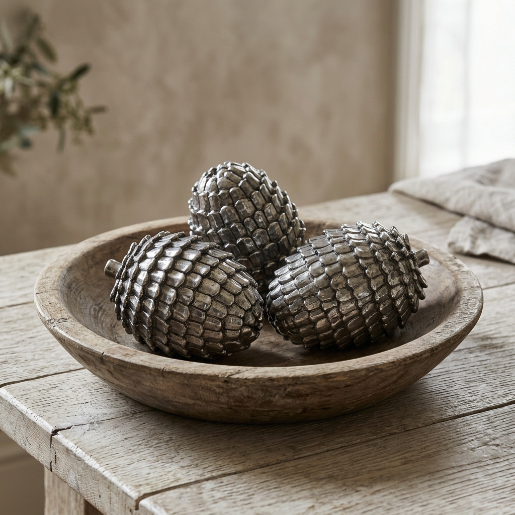 Three silver decorative pine cones styled in a rustic wooden bowl