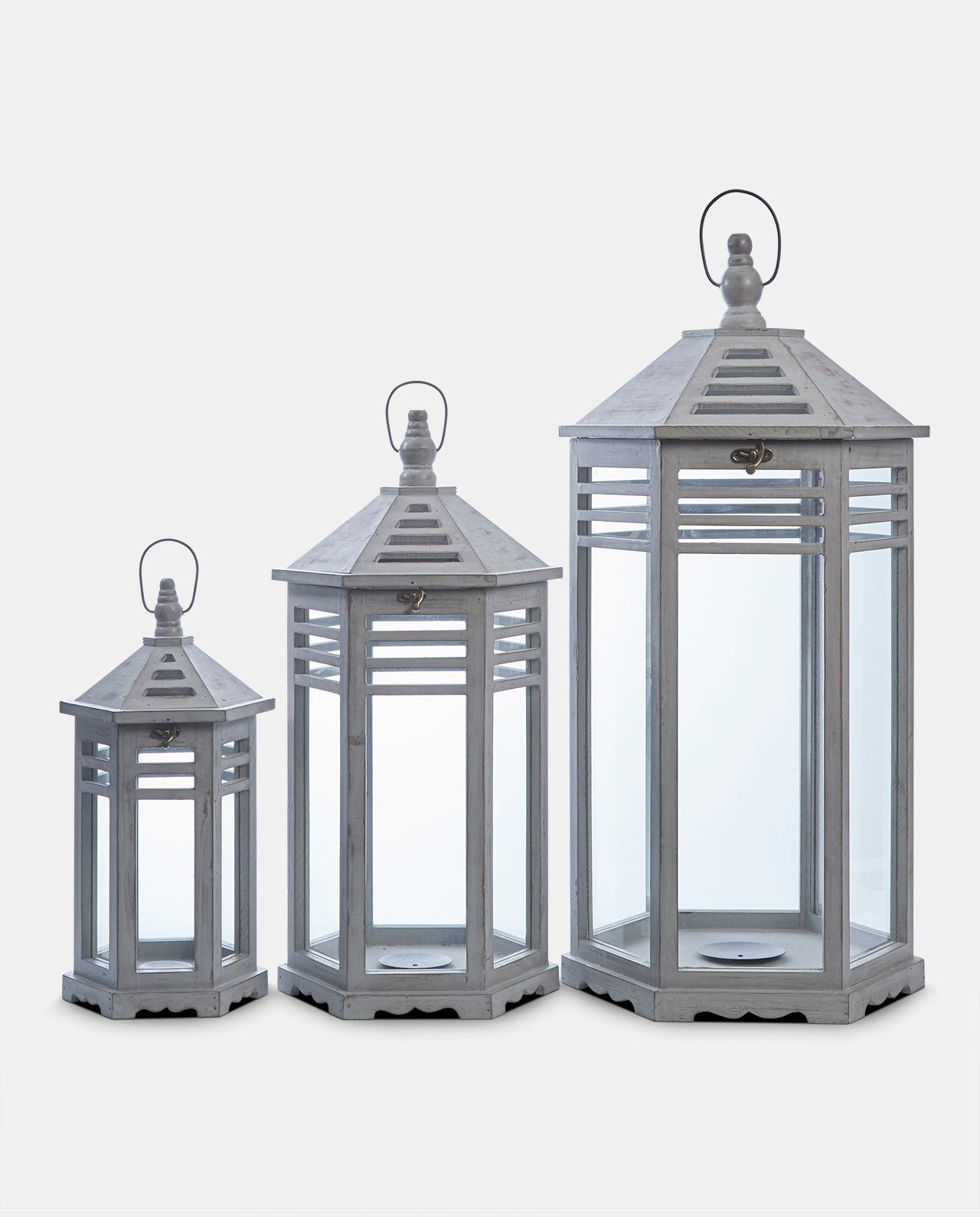 Slate Grey Wooden Lantern - Set of 3